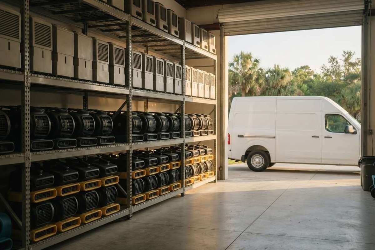 Dehumidifiers and air movers staged and ready for dispatch