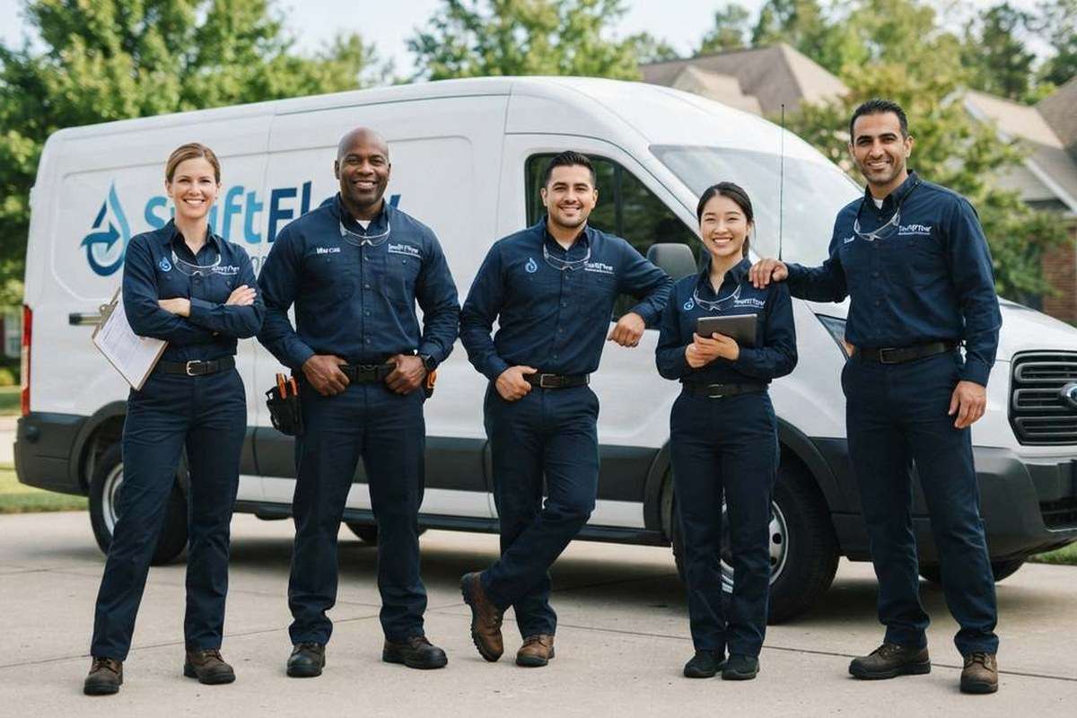 SwiftFlow restoration team in navy uniforms beside a service van