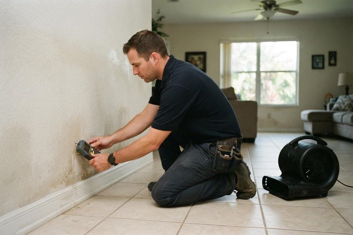 Restoration technician measuring moisture in a water-damaged wall with an air mover running