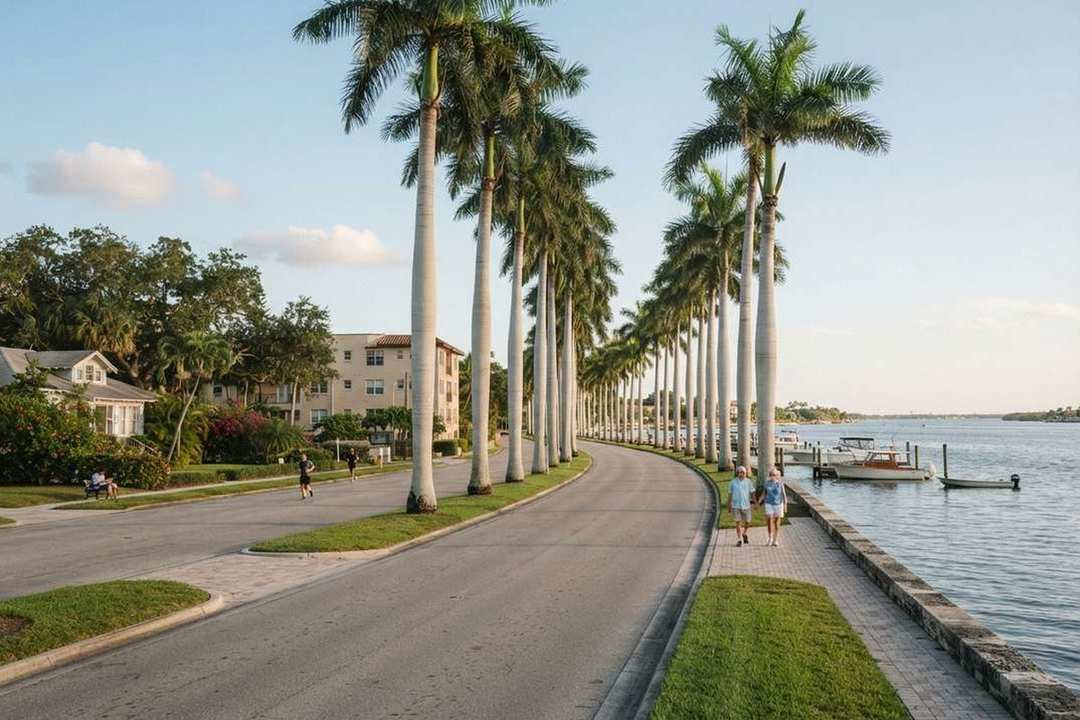 Boulevard lined with royal palms along the river in Fort Myers
