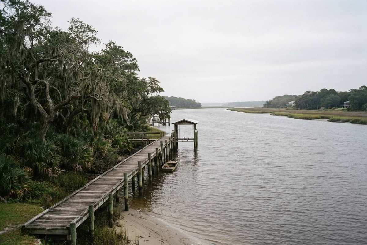 Wide tidal river with a wooden dock and oak trees in Jacksonville