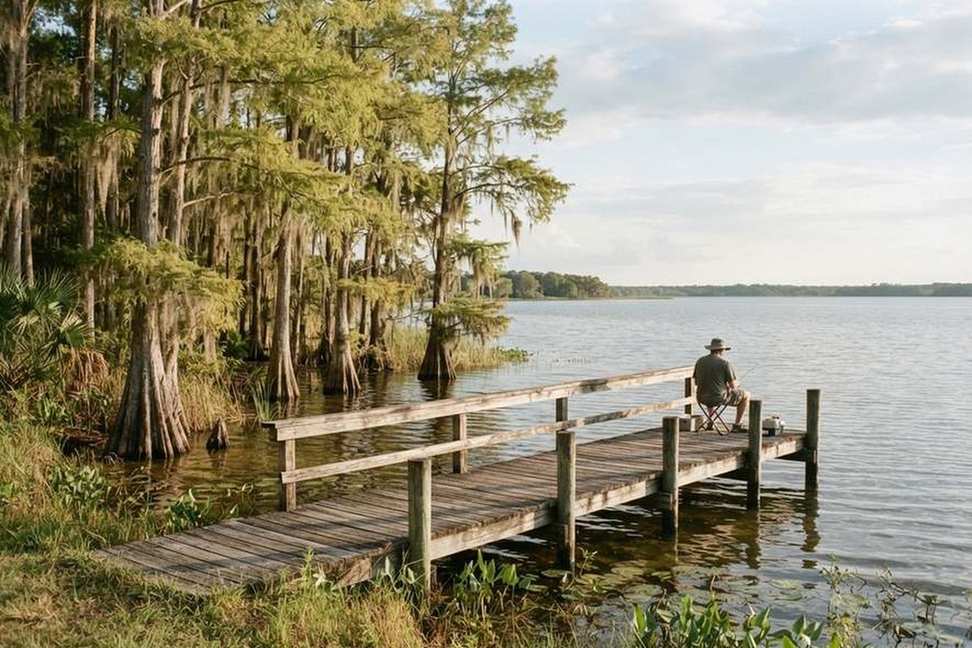 Lake shoreline with cypress trees and a fishing pier near Kissimmee