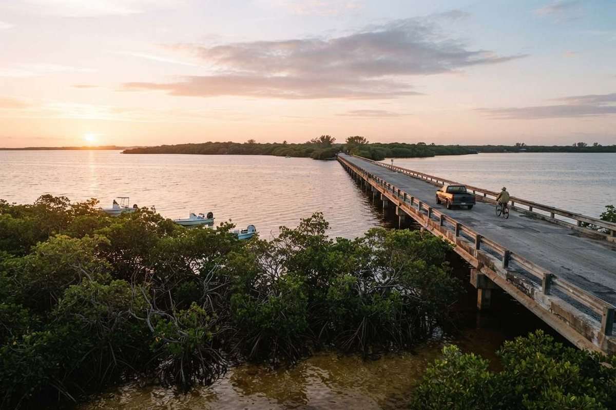 Lagoon at sunrise with a causeway bridge near Melbourne