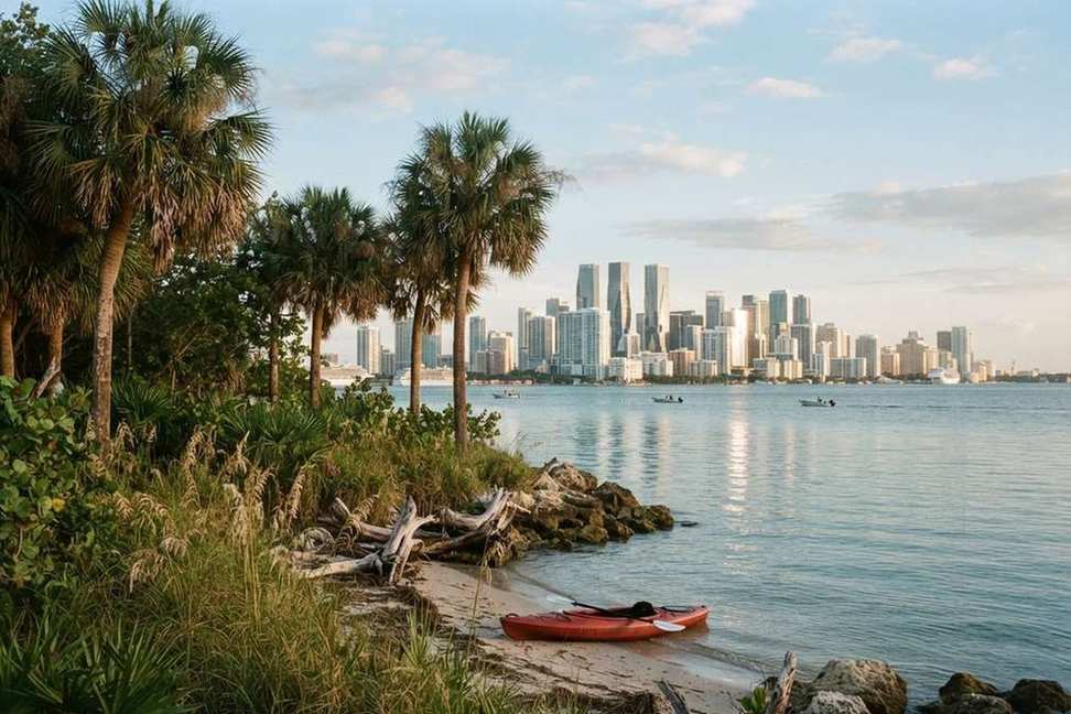 Bay with a skyline of glass towers and palm trees in Miami