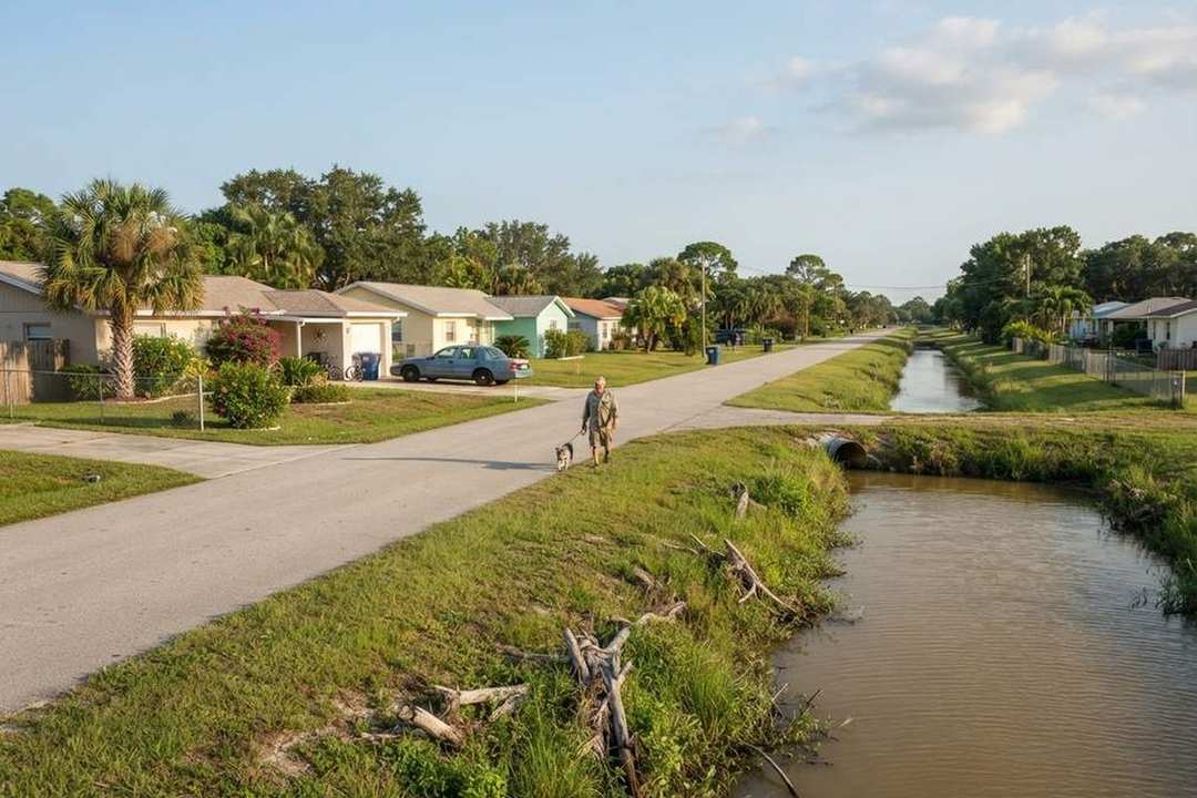 Suburban street of single-story homes beside a drainage canal