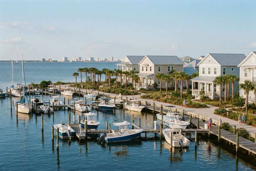 Bayside marina with newly built homes in the Panama City area