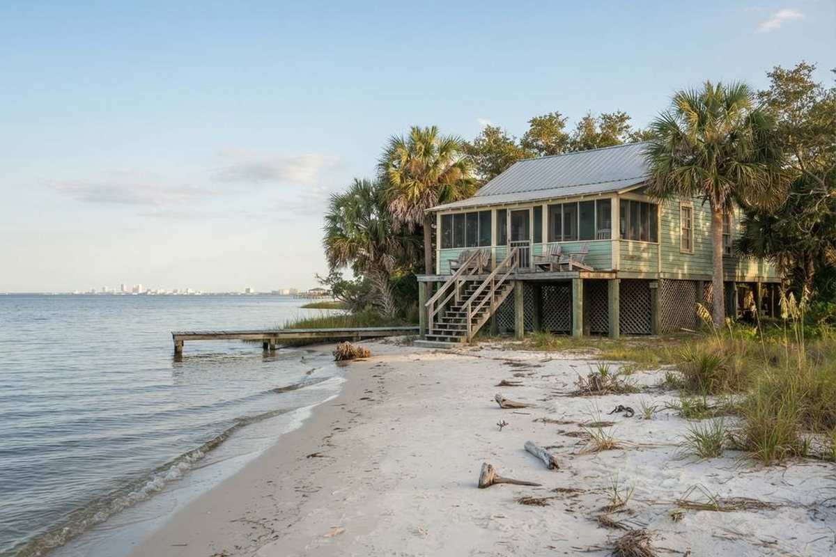 Bay shoreline with a raised beach cottage near Pensacola