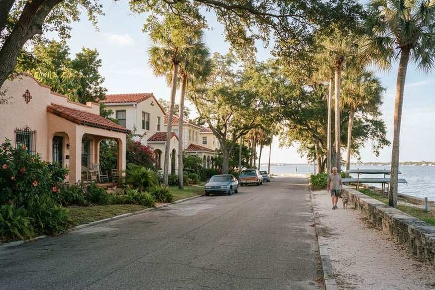 Waterfront street with palms and Mediterranean-style homes in St. Petersburg