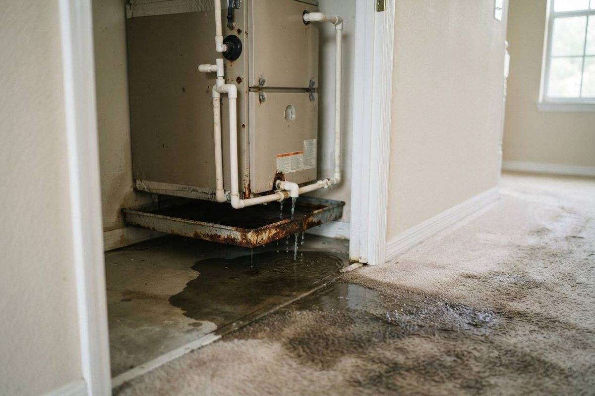 Air handler drain pan overflowing inside a closet