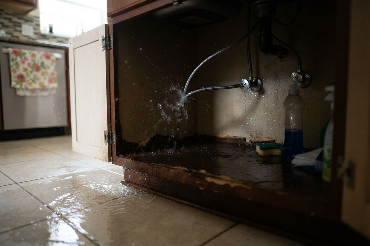Water spraying from a burst supply line under a kitchen sink