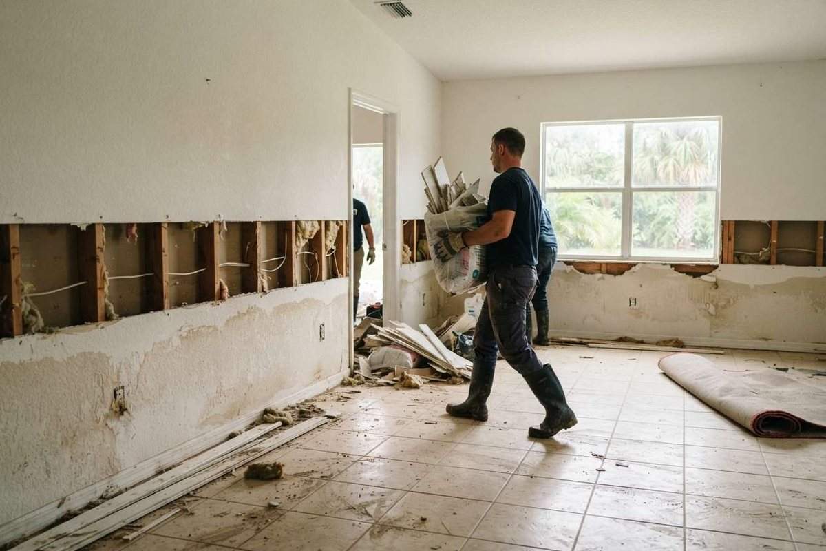 Flood cut removing wet drywall above the waterline in a flooded Florida home