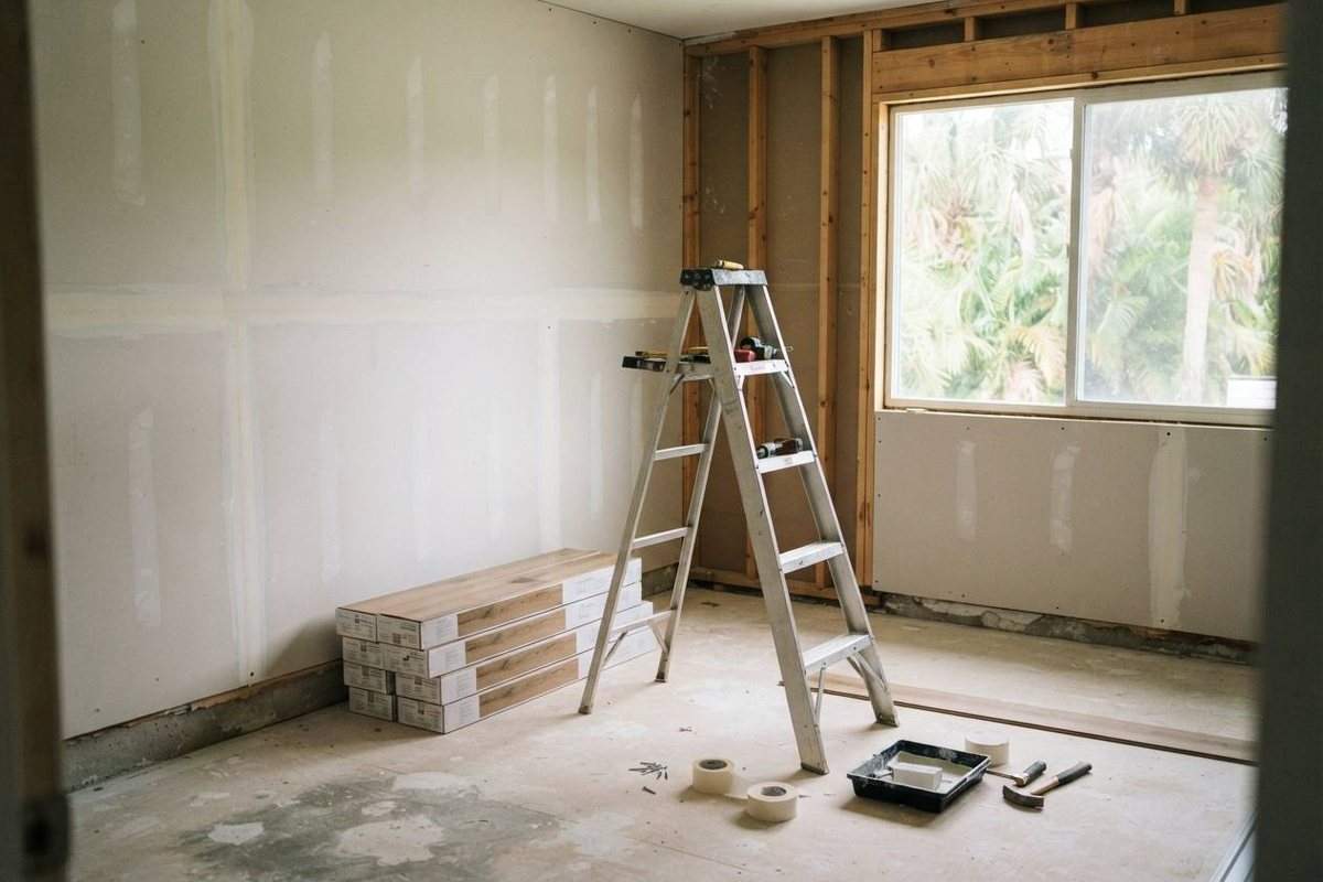 New drywall and boxed flooring in a room being rebuilt after water damage