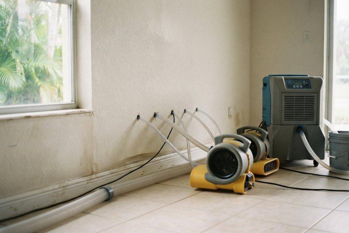 Air movers and a dehumidifier drying a water-damaged wall
