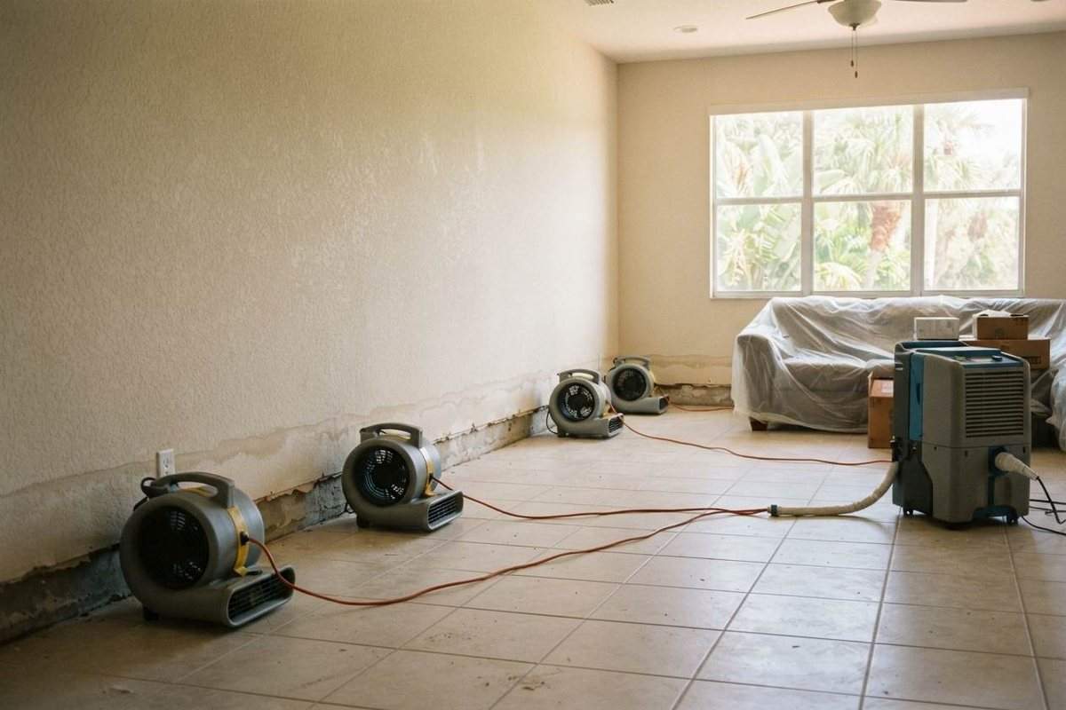 Air movers and a dehumidifier drying a water-damaged living room